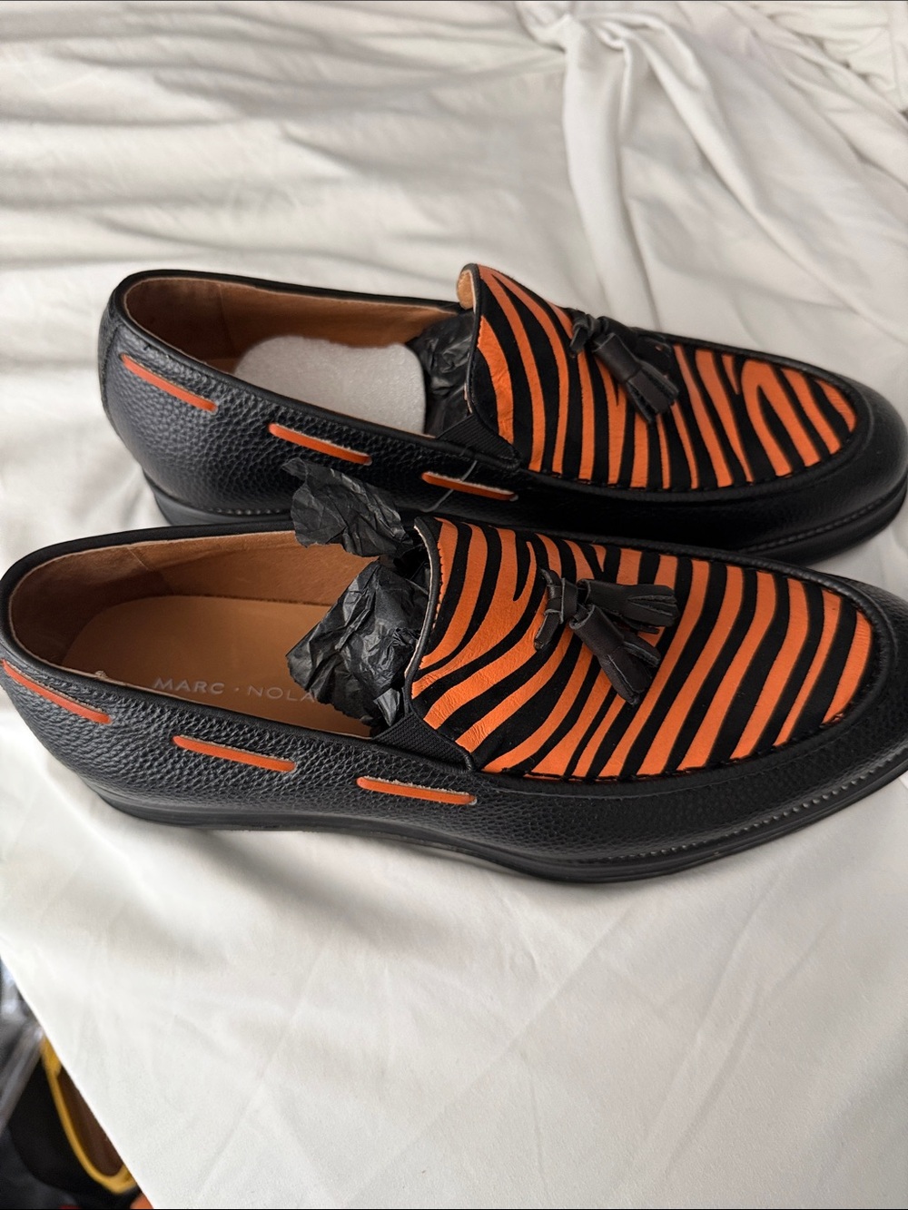 Marc Nolan Black and Orange Striped Tassel Loafers